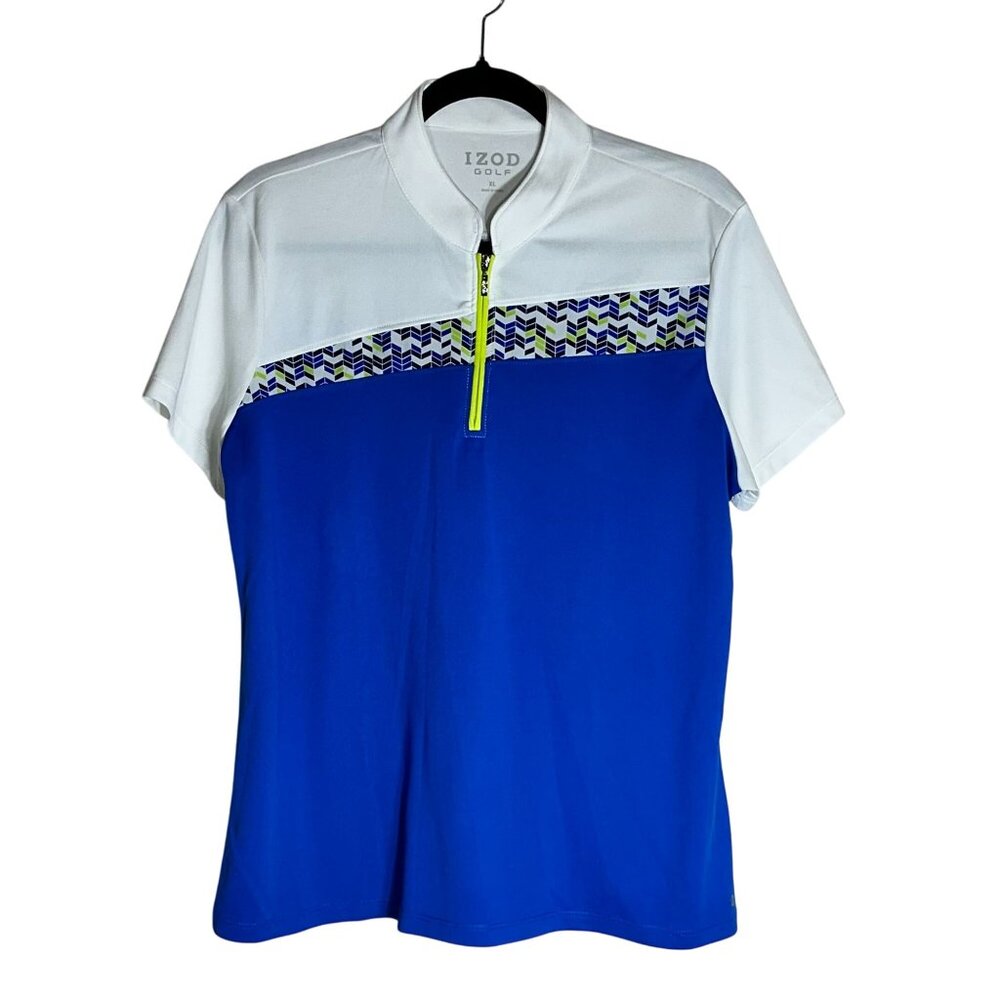 Izod Golf Women's XL White & Blue Short Sleeve Polo Shirt With Chevron Print & N